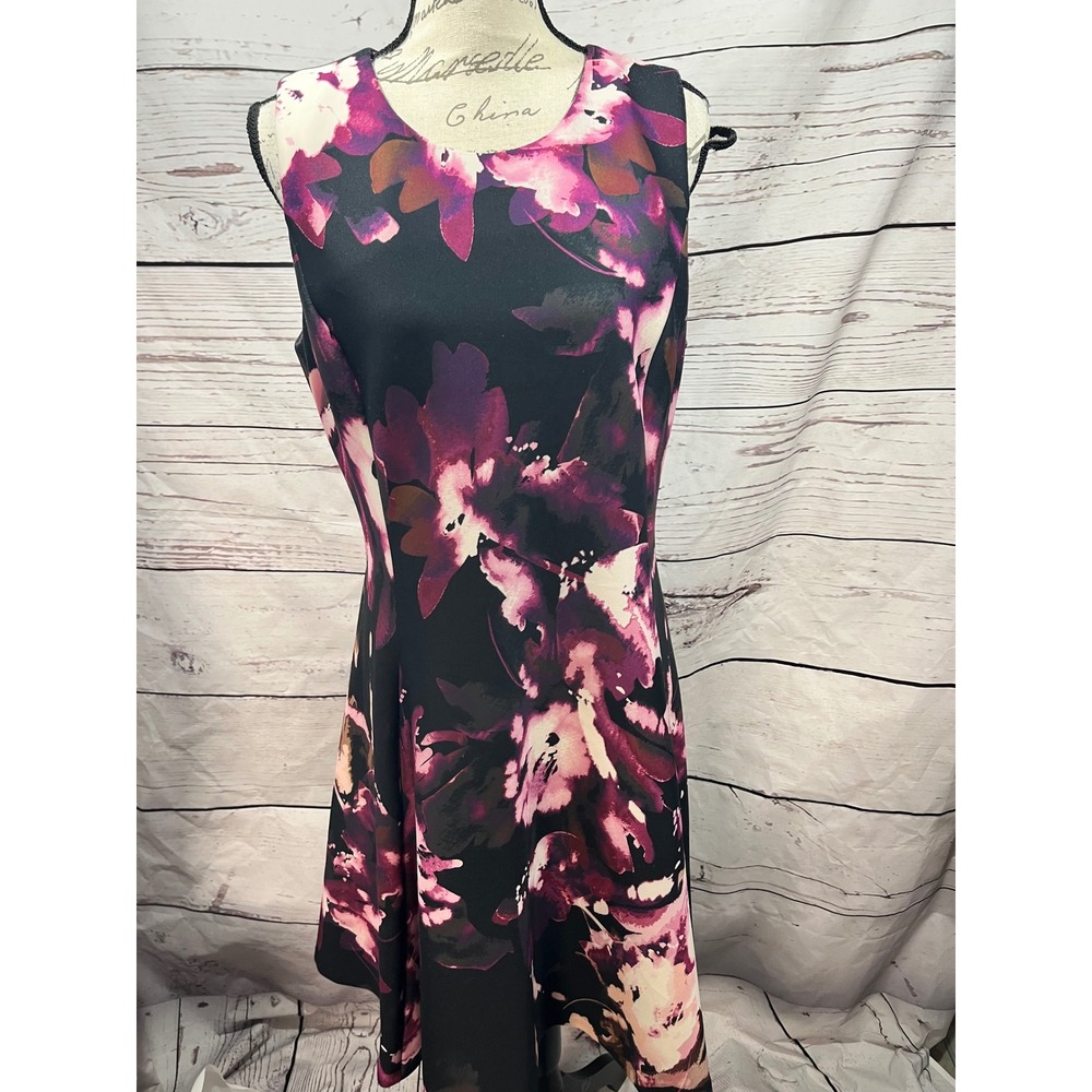 DKNY Womens Floral Scuba Fit and Flare Dress Plum Magenta Black Size‎ 12
